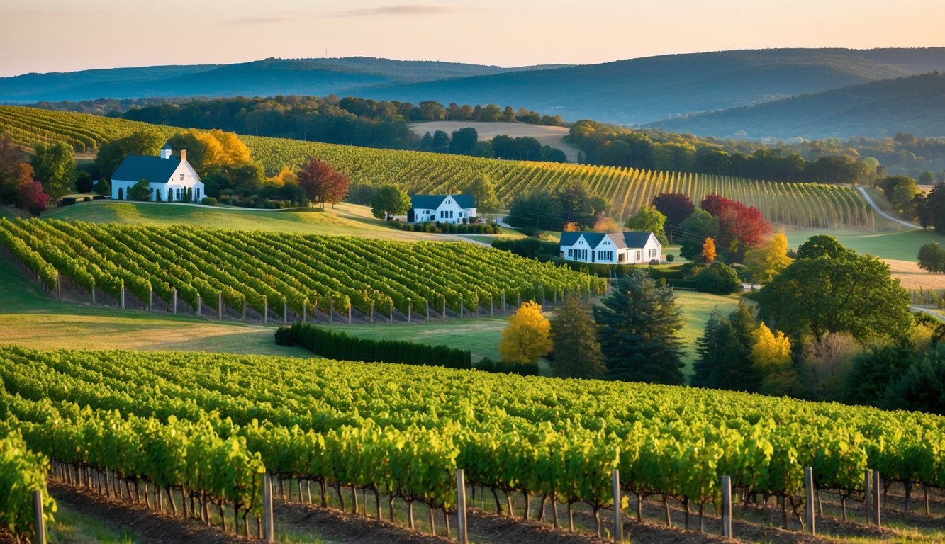 Rolling hills of vineyards, colorful grape clusters, and quaint wineries nestled in the Virginia countryside