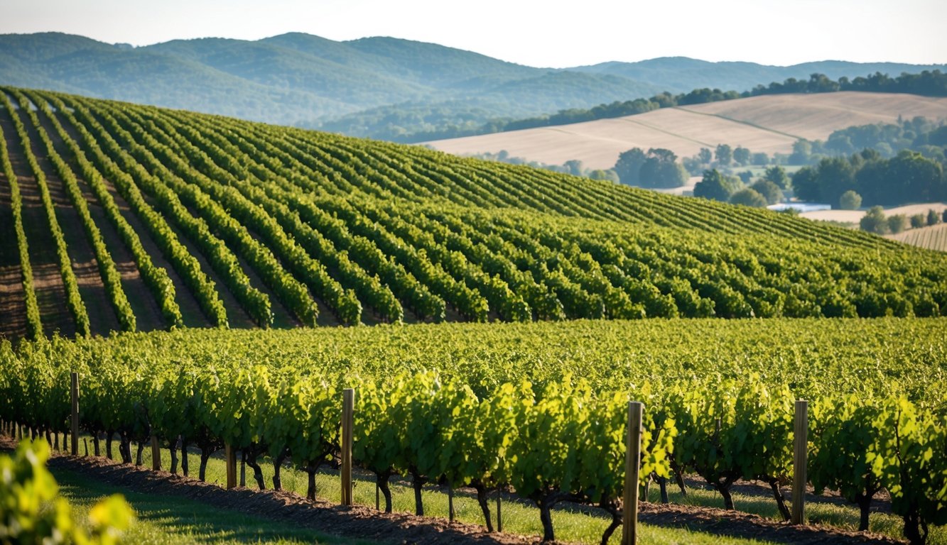 Rolling hills covered in vineyards, with rows of grapevines stretching into the distance. A warm, sunny climate bathes the landscape, perfect for Virginia's wine tours