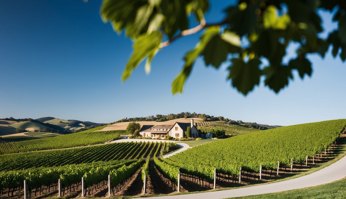 Rolling hills of vineyards under a clear blue sky, with a rustic winery nestled in the background. A winding road leads visitors through the picturesque landscape