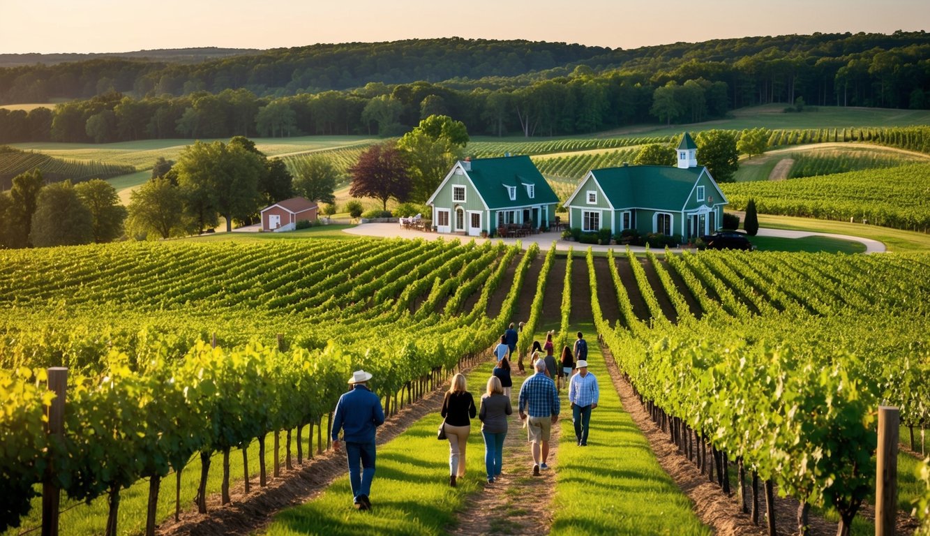 Rolling hills, vineyards, and quaint wineries dot the Wisconsin countryside. Visitors stroll through rows of grapevines, sampling local wines and enjoying scenic views