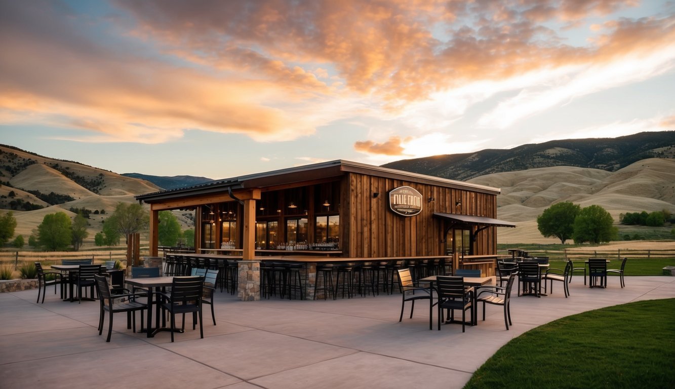 A rustic brewery with outdoor seating and rolling Wyoming hills in the background