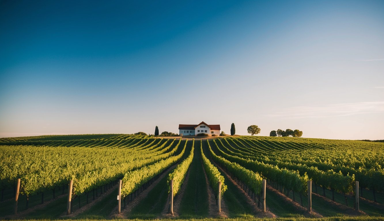 Rolling prairie landscape with rows of vineyards, a rustic winery, and a clear blue sky