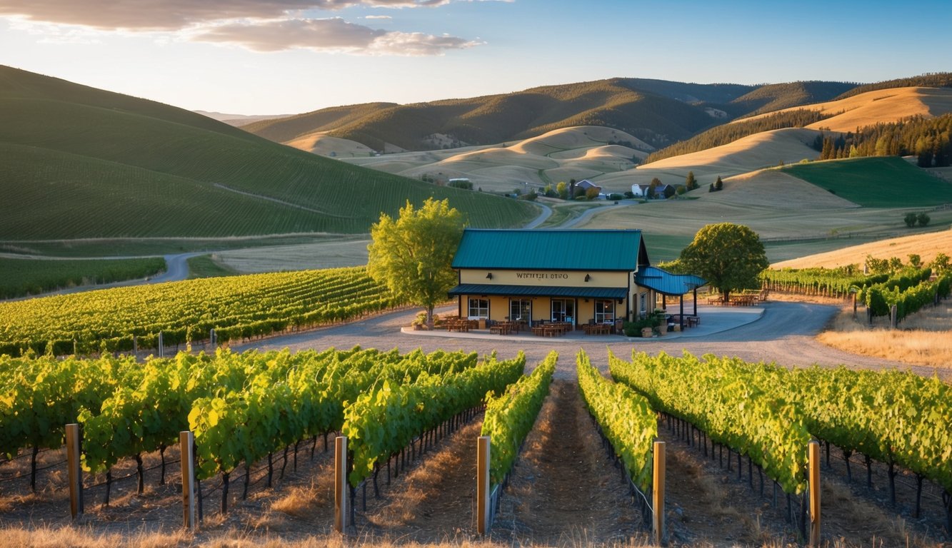 A picturesque vineyard in Wyoming, with rolling hills, lush grapevines, and a quaint tasting room nestled among the scenic landscape