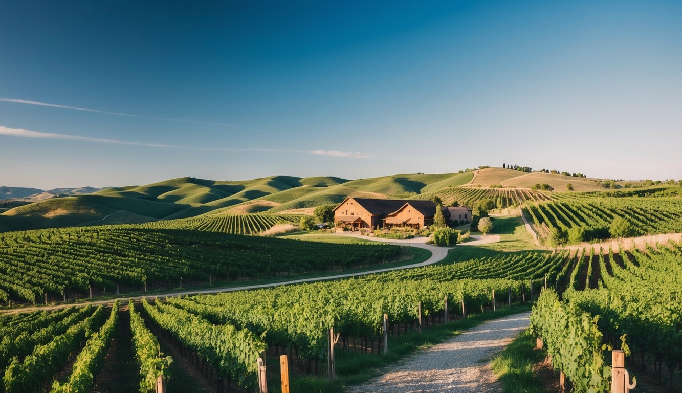 Rolling hills of vineyards under a clear blue sky, with a rustic winery nestled in the distance. A winding path leads through the lush landscape, inviting visitors to embark on a Wyoming wine adventure