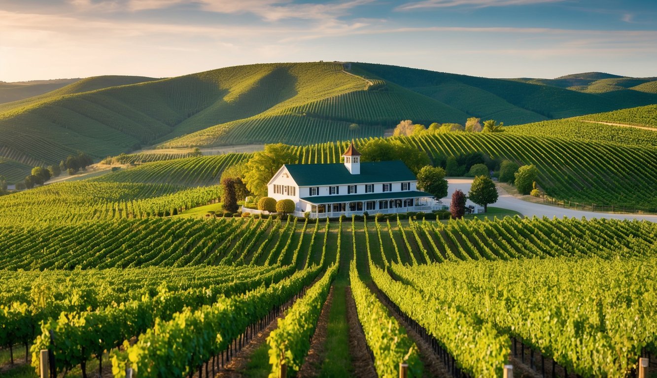 Rolling hills covered in vineyards, with rows of grapevines stretching into the distance. A quaint winery sits nestled among the lush greenery, offering tours and tastings to visitors