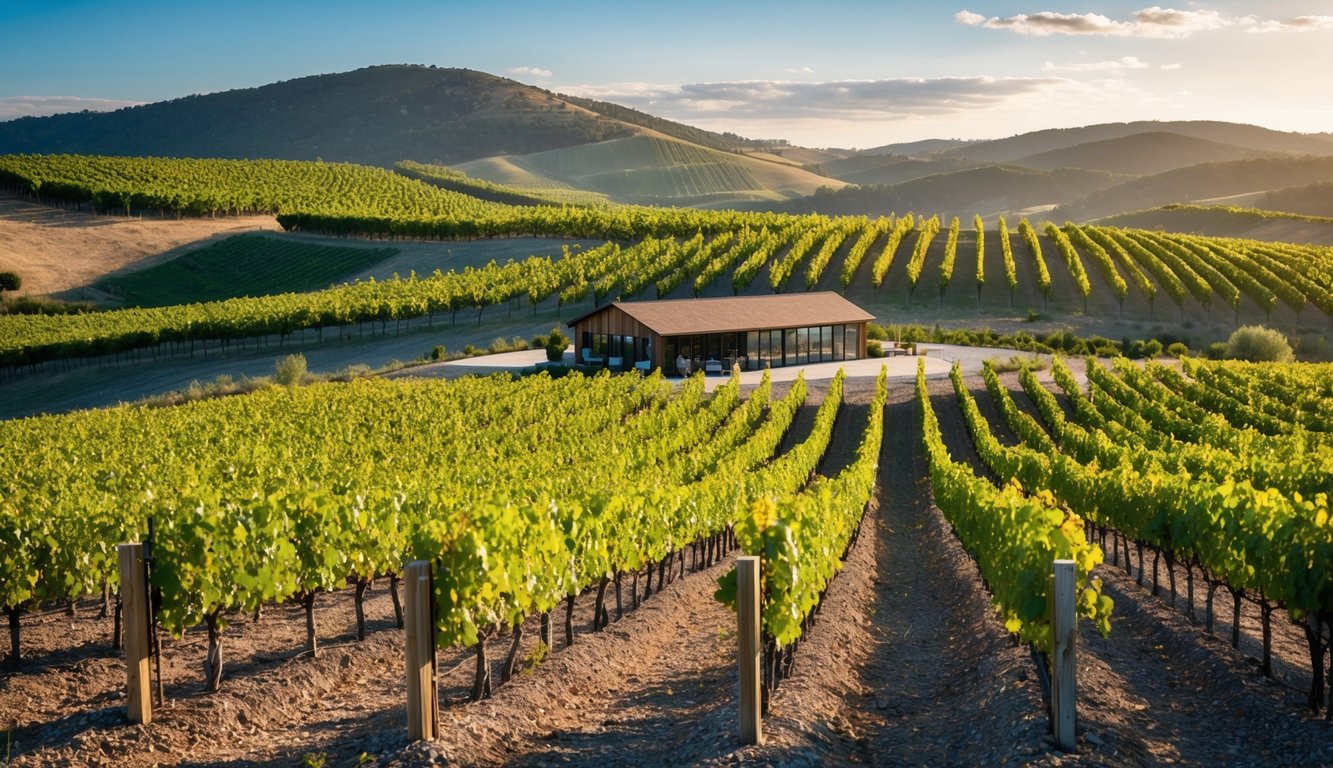 Vineyard landscape with rows of grapevines, rolling hills, and a rustic tasting room nestled among the vines