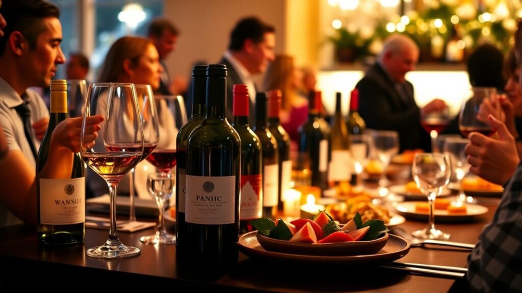 Elegant wine party setup with glasses and appetizers.