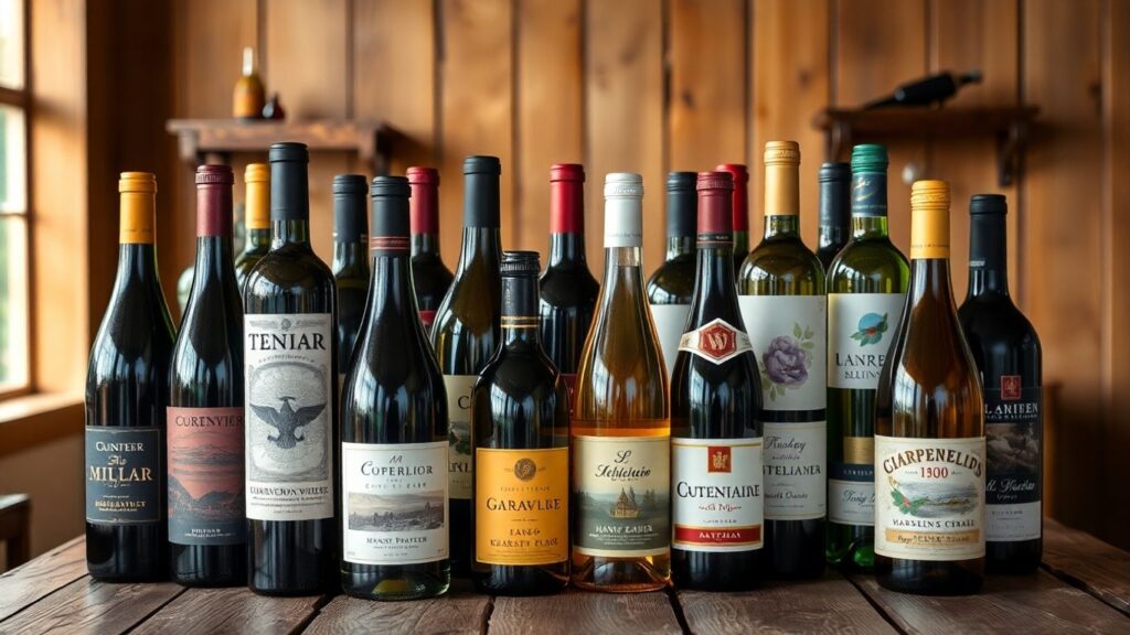 Colorful wine bottles on a wooden table.