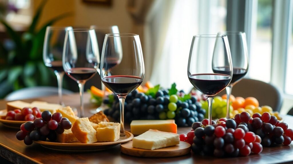 Elegant wine party table with glasses, cheese, and grapes.