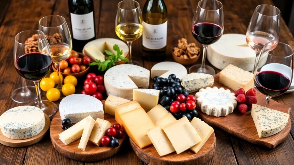 Cheese and wine tasting spread on a wooden table.