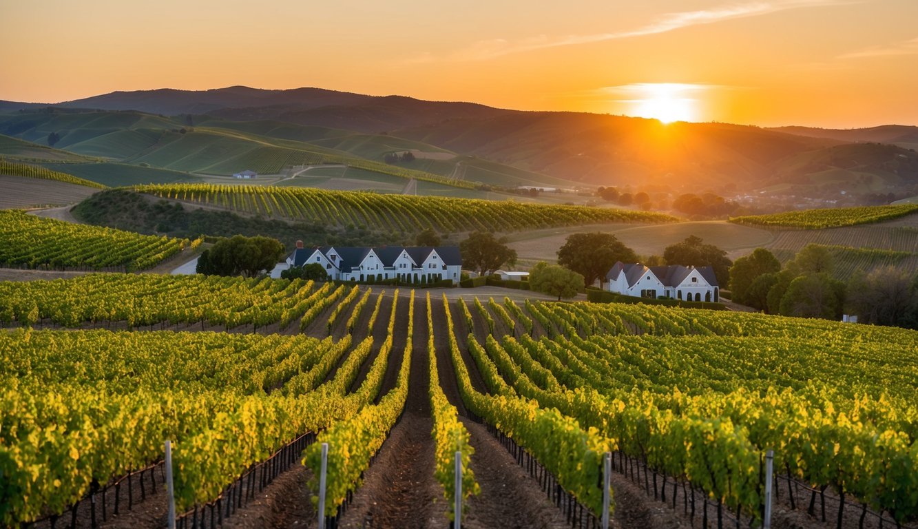 Lush vineyards sprawl across rolling hills, with quaint wineries nestled in the landscape. A warm sun sets over the picturesque scene, casting a golden glow on the rows of grapevines