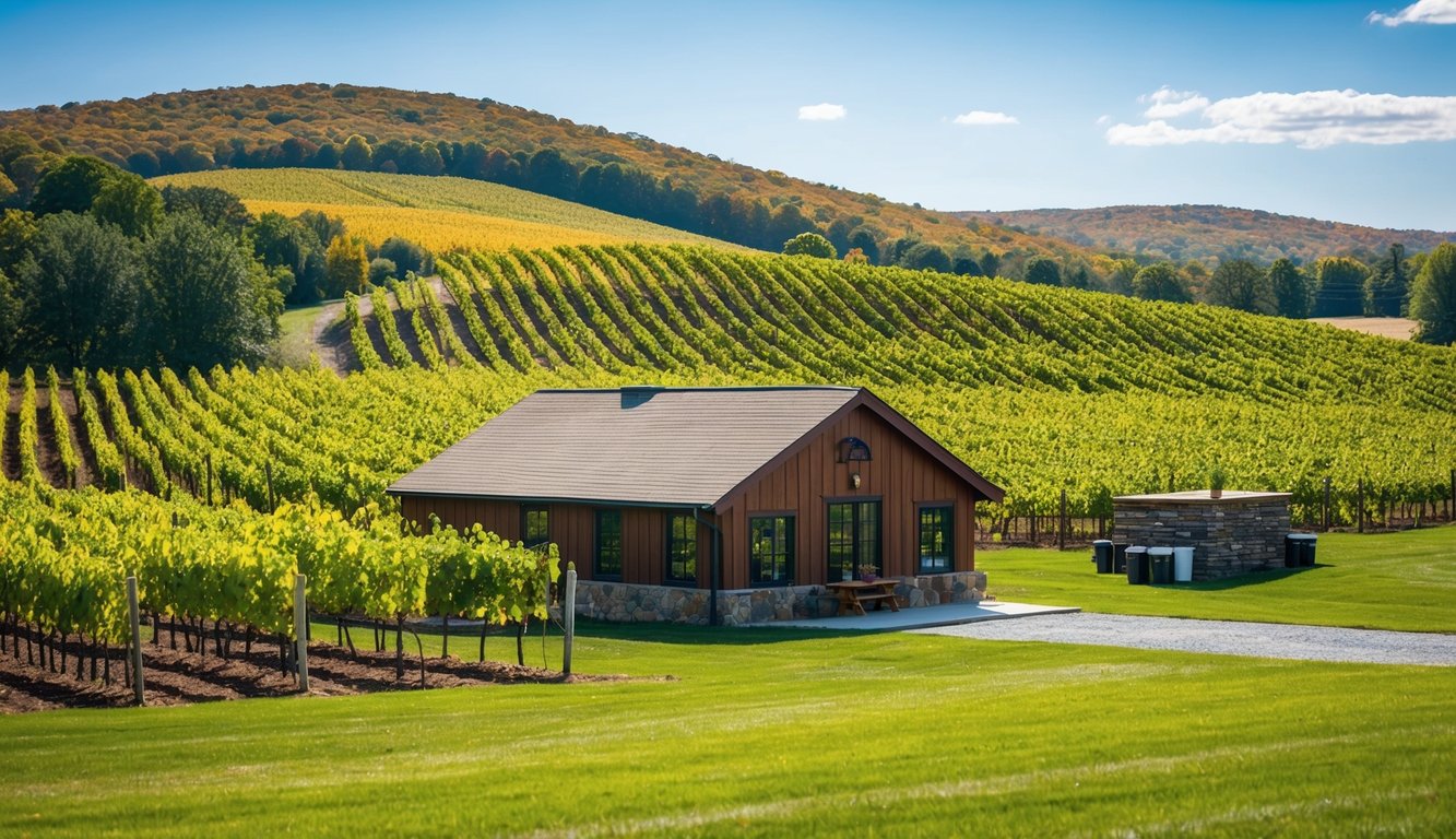 A sunny vineyard in Massachusetts with rolling hills, grapevines, and a rustic tasting room