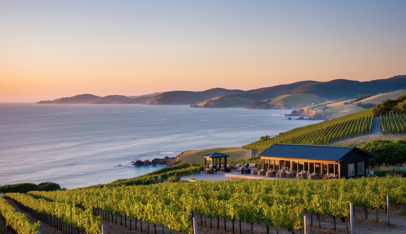 Rolling hills meet the sea, dotted with lush vineyards and cozy tasting rooms. A warm sun sets over the coastal landscape, inviting visitors to savor the local wine