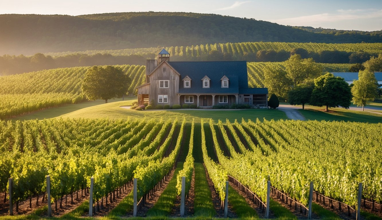 Vineyard with rows of grapevines, rolling hills, and a rustic winery building in Plymouth, Massachusetts