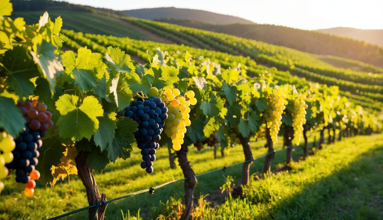 Lush vineyards sprawl across rolling hills, basking in the warm glow of the sun. Grapes of various colors and sizes hang from the vines, ready for harvest